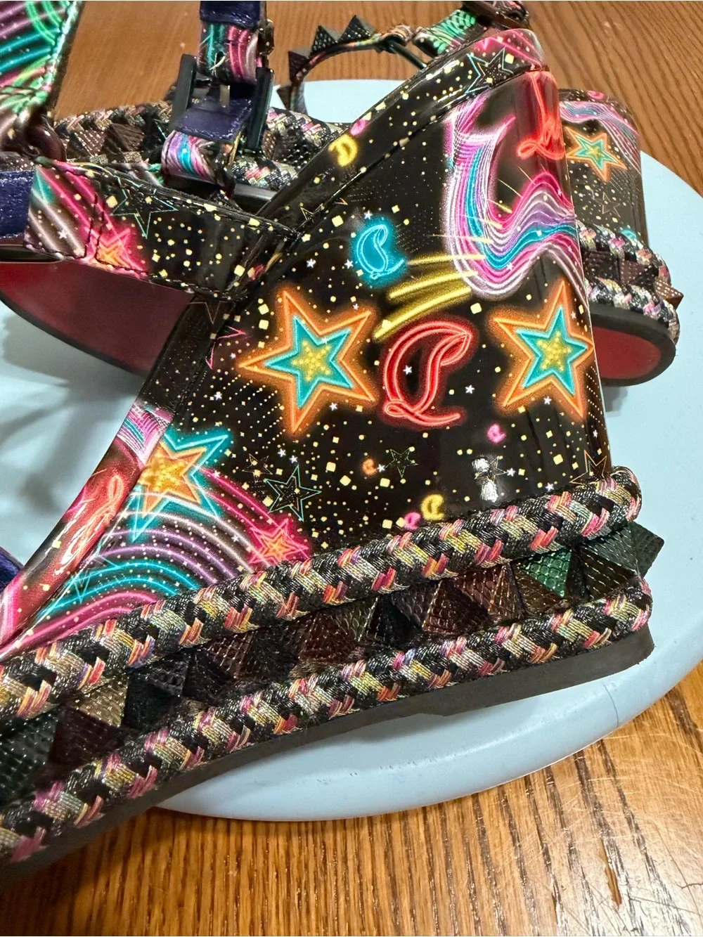 Christian Louboutin Black Multicolor Embellished Platform Wedge Sandals